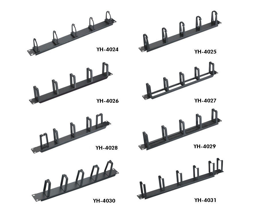แผงแนวนอน 1U 10 นิ้วสำหรับการจัดการสายเคเบิ้ลสีดำมีวงแหวน 5 ห่วง YH4025